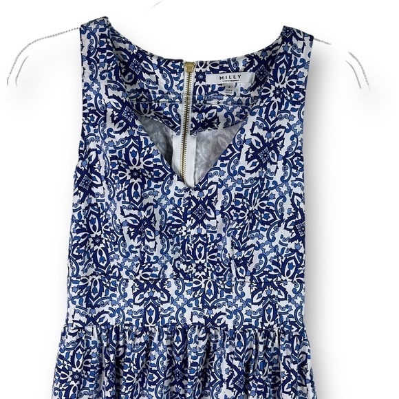 Milly Blue Combo Sleeveless V Neck A Line Cotton Blend Dress Blue Sz 2 - Picture 3 of 13